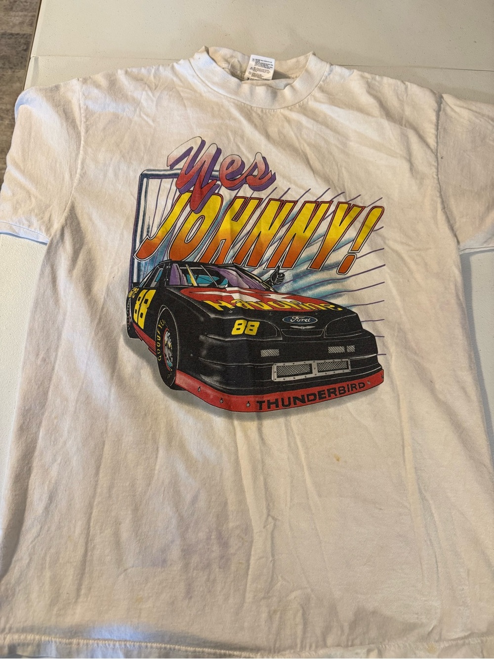 RARE Vintage Ernie Irvan NASCAR XL T-Shirt White Texaco Havoline Yes Johnny Y2K